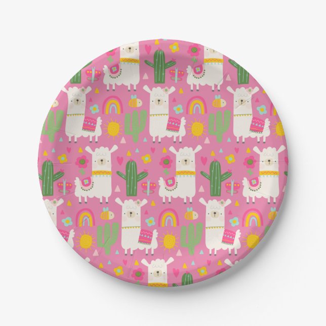 Prato De Papel Llamas Rainbows Green Cactus Light Girly Pink Cuga (Frente)