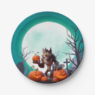 Prato De Papel Lobisomem e abóboras de Halloween