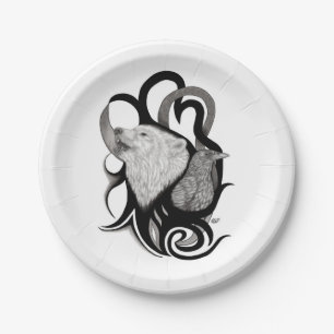Prato De Papel Lobo Branco com Arte Tribal Raven