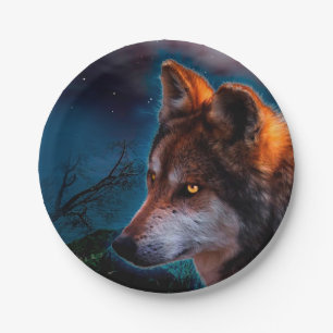Prato De Papel Lobo e a lua à meia-noite