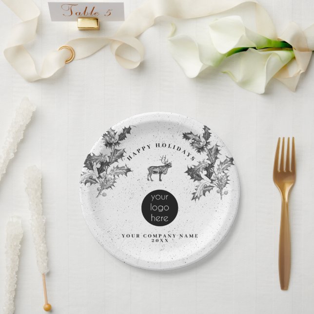 Prato De Papel Logotipo Empresarial de Férias Rústico Preto Branc (Casamento)