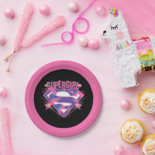 Prato De Papel Logotipo Grunge Rosa e Roxo da Supergirl
