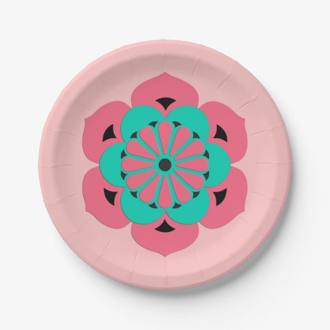 Prato De Papel Lotus Flower Mandala, Coral Rosa e Turquesa (Frente)