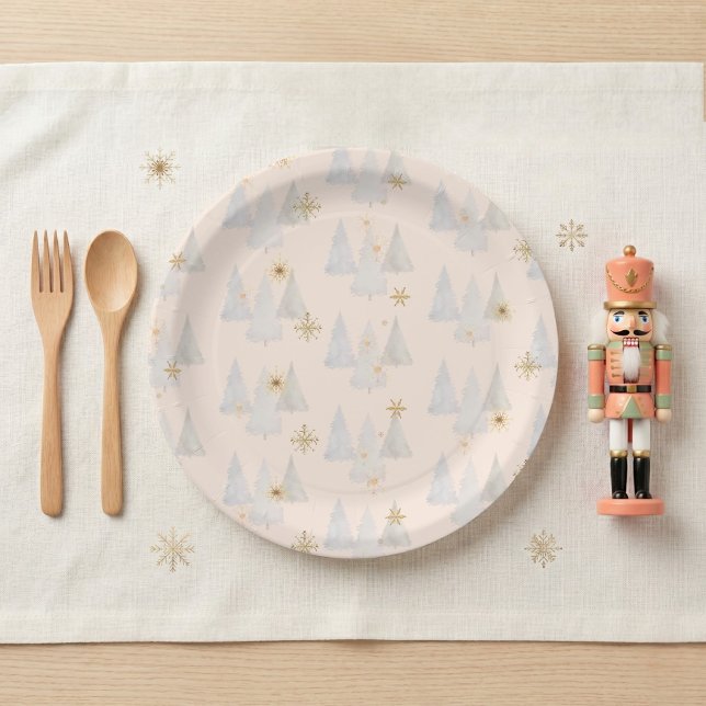 Prato De Papel Louça de Natal Fada do Açúcar da Casca de Noz Árvo (Pine Tree Christmas Winter Wonderland 1st Birthday Paper Plates)