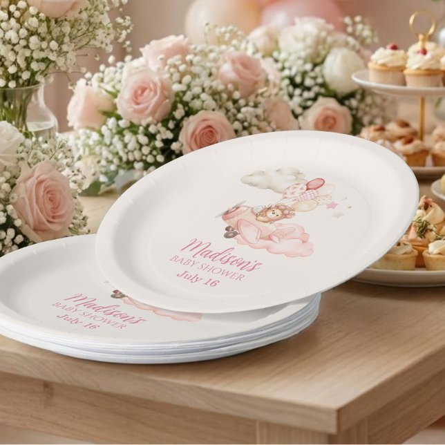 Prato De Papel Louça para Chá de Bebê Menina Bearly Wait (We Can Bearly Wait Teddy Bear Airplane Tabeware Paper Plates | Girl Baby Shower)
