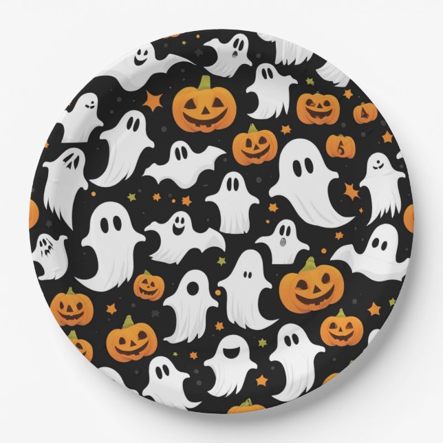 Prato De Papel Louco Fantasmas Pumpkins Black Halloween Plate (Frente)