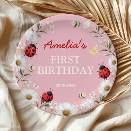 Prato De Papel Love Bug Ladybug Daisy Floral Birthday Party