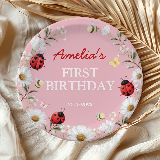 Prato De Papel Love Bug Ladybug Daisy Floral Birthday Party (Criador carregado)