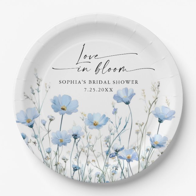 Prato De Papel Love In Bloom Blue Bridal Shower Paper Plates (Frente)