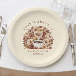 Prato De Papel Love is Brewing Brown Floral Coffee Heart Bridal