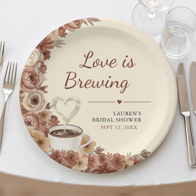 Prato De Papel Love is Brewing Floral Coffee Heart Bridal Shower (Love is Brewing Floral Coffee Heart Bridal Shower Paper Plates
)