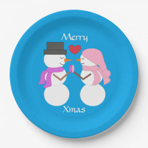 Prato De Papel Love & Snowpeople Blue-green: festa do Natal feliz