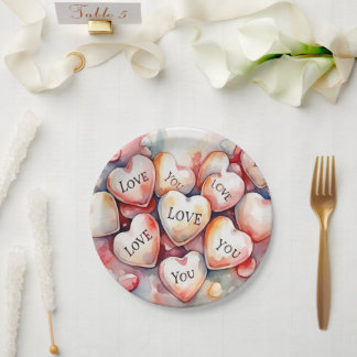 Prato De Papel Love You watercolor hearts Wedding Party Decor