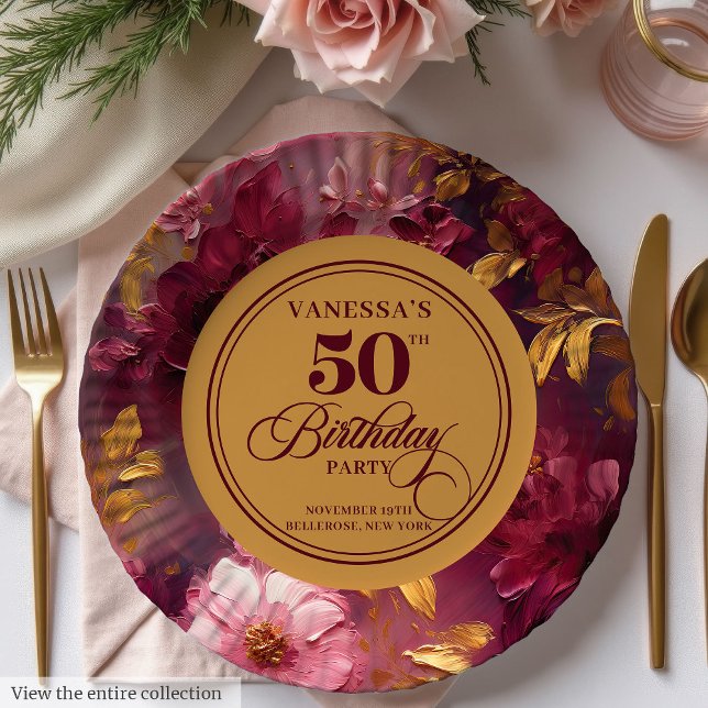 Prato De Papel Lovely Boho Maroon Blush Dourada 50ª Prata de Aniv (Lovely Boho Maroon Blush Gold 50th Birthday Plate)