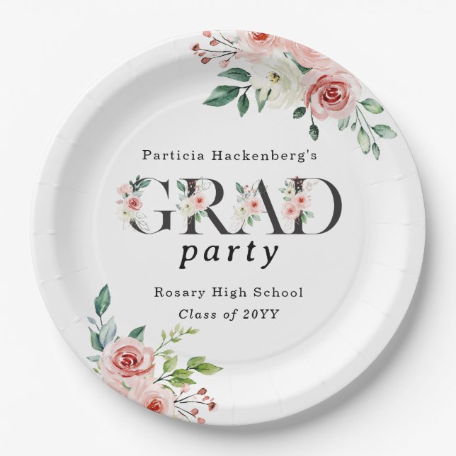 Prato De Papel Lovely Pink Floral GRAD Custom Party Paper Plates (Frente)