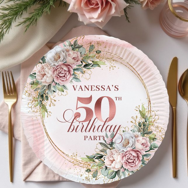 Prato De Papel Lovely Rose Gold White Peonies 50th Birthday Party (Lovely Rose Gold White Peonies 50th Birthday Celebration Plates

)