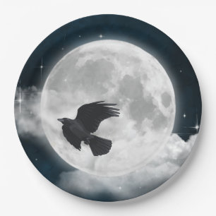 Prato De Papel Lua cheia no sul azul com Raven