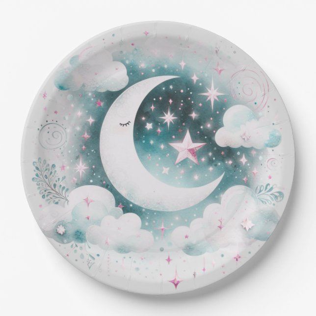 Prato De Papel Lua Crescente Azul e Branco Celestial Boho Moderno (Frente)