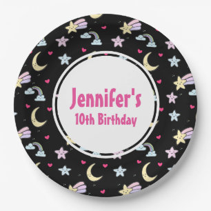 Prato De Papel Lua, Estrelas e Nuvens Padrão no Aniversário Negro