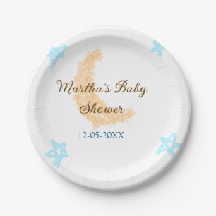 Prato De Papel Lua laranja estrelas azuis brilham baby shower bri