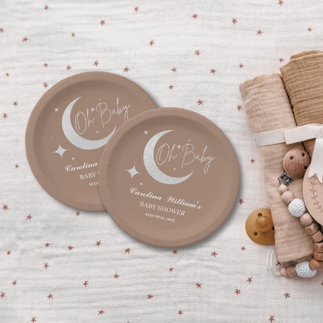 Prato De Papel Lua reluzente de prata e estrelas oh chá de fralda (Criador carregado)