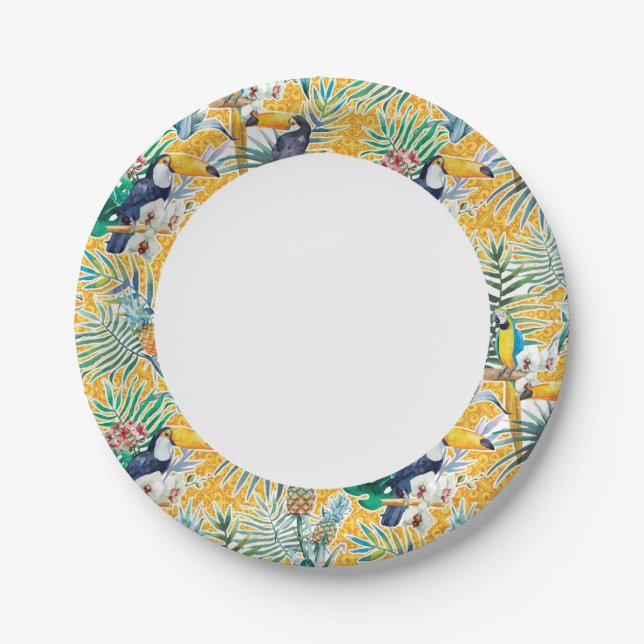 Prato De Papel Luau Paper Plates com tucanos e abacaxi (Frente)