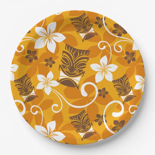 PRATO DE PAPEL LUAU TIKI PATTERN (ORANGE) (Frente)