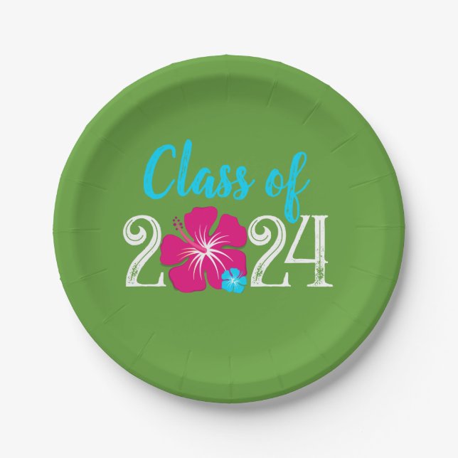 Prato De Papel Luau Tropical Green Graduation Paper Plates (Frente)