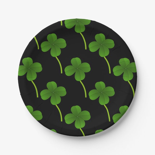 Prato De Papel Lucky Quatro Folhas de Folha em Preto (Frente)