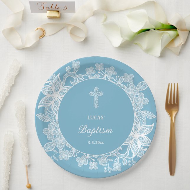 Prato De Papel Lugar Branco sobre o Batismo Azul Pastel (Casamento)