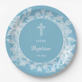 Prato De Papel Lugar Branco sobre o Batismo Azul Pastel