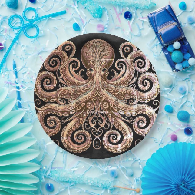 Prato De Papel Lula Kraken Steampunk Ornata Dourado Preto (Festa)