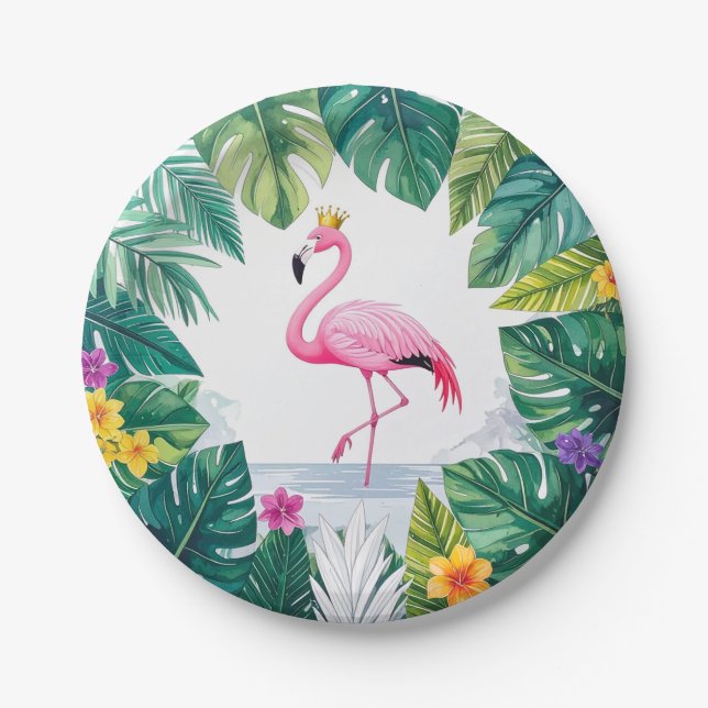 Prato De Papel Lush Leafy | Tropical de Flamingo Rosa Elegante (Frente)