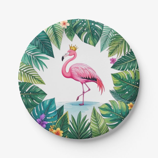 Prato De Papel Lush Leafy | Tropical de Flamingo Rosa Elegante (Frente)