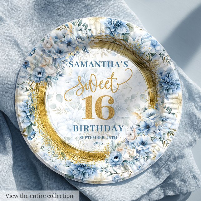 Prato De Papel Luxe Doces 16 Chapas de Mesas Azuis Douradas (Luxe Sweet 16 Dusty Blue Gold Glitter Table Plates

)