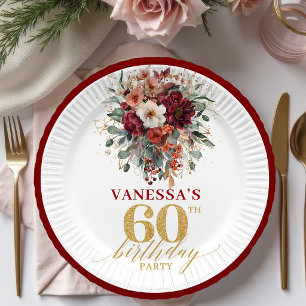 Prato De Papel Luxe Floral Dourado Vermelho Intenso para 60º Aniv