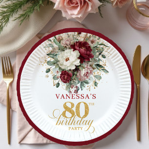 Prato De Papel Luxo Boho Borgonha Floral Dourado Papel de 80º Ani