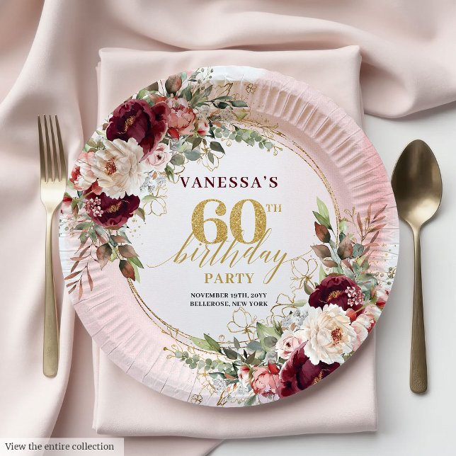 Prato De Papel Luxo Burgundy Dourado Floral 60º Aniversário Boho (Luxury Burgundy Gold Floral 60th Birthday Boho Plates)