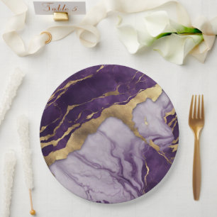 Prato De Papel Luxo Minimalista Lilás Dourado Roxo Mármore Remoin