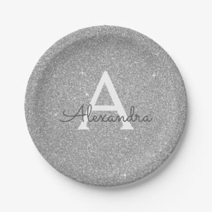 Prato De Papel Luxo Monograma de Glitter e Brilho Prateado de Ani