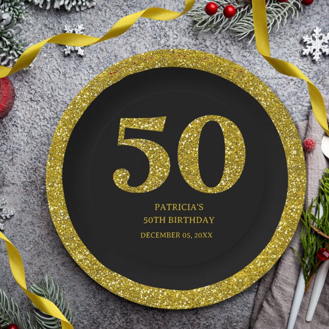 Prato De Papel Luxo Preto e Dourada Brilhante 50ª Festa de aniver (Luxury Black And Gold Glitter 50th Birthday Party paper plates)