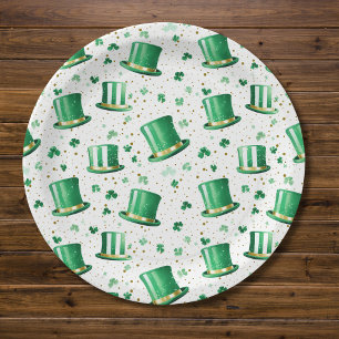 Prato De Papel Luxo Verde Chapéus de Ouro e Trevos Branco