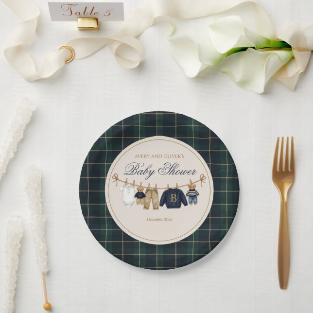 Prato De Papel Luxsary Teddy Bear Plaid Baby Shower Paper Plate (Casamento)