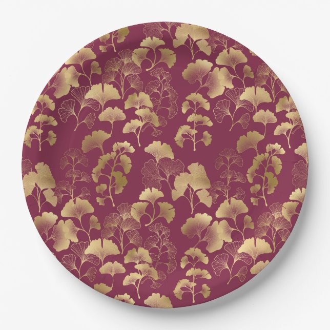 Prato De Papel Luxurious Gold Ginkgo Leaves on Deep Burgundy (3) (Frente)