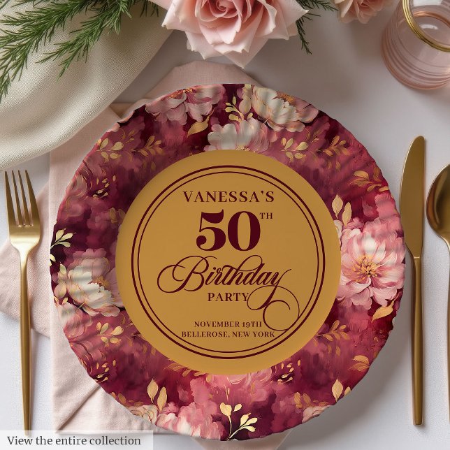 Prato De Papel Luxury Marsala Blush Dourado Floral 50º Aniversári (Luxury Marsala Blush Gold Floral 50th Birthday Paper Plates )
