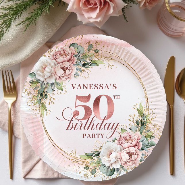 Prato De Papel Luxury Rose Gold Peonies 50th Birthday Party Plate (Luxury Rose Gold Peonies 50th Birthday Party Plates)