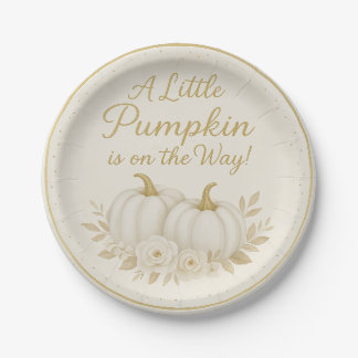 Prato De Papel Luxury White & Gold Pumpkin Baby Shower Paper Plat