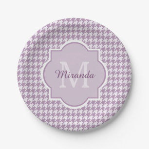 Prato De Papel Luz chique do monograma - Houndstooth roxo com