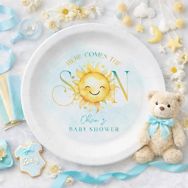 Prato De Papel Luz do Sol Bonita vem o Chá de fraldas do Filho (Cute Sunshine Here Comes the Son Baby Shower Paper Plates)