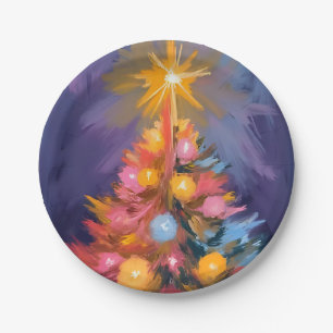 Prato De Papel Luzes Coloridas de Natal da Árvore em Aquarela